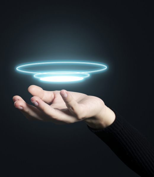 Open palm hand gesture presenting tech hologram